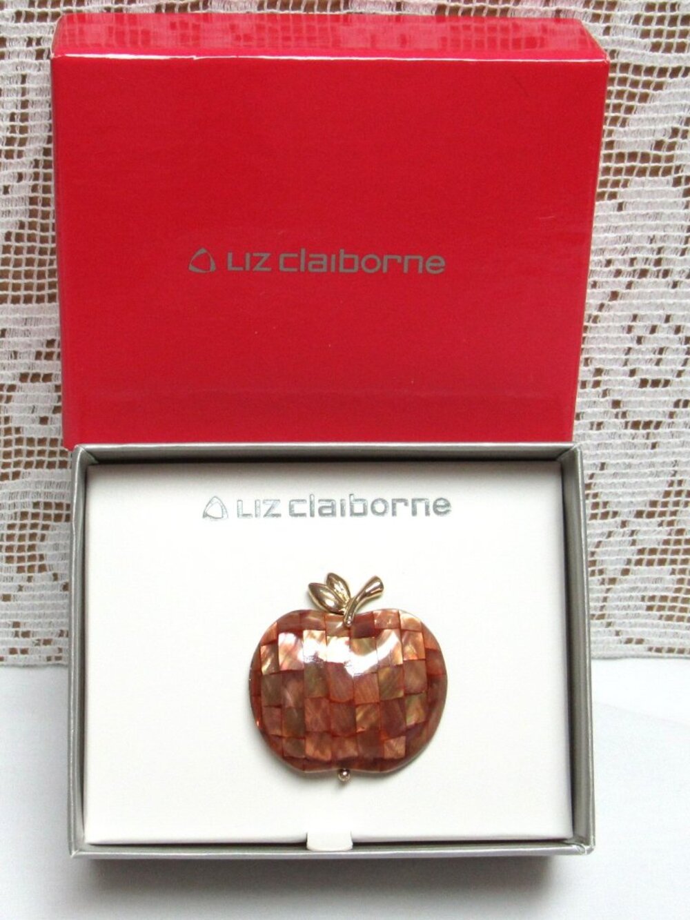 Vintage LIZ CLAIBORNE Apple PIN Brooch Abalone Copper Red Pearl Colors In Box
